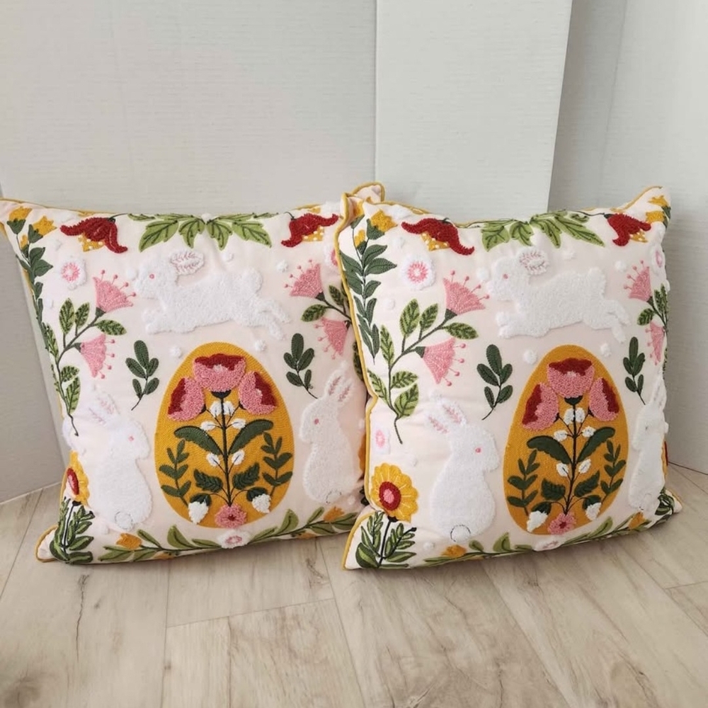 Bunnies & Floral Embroidered Throw Pillows